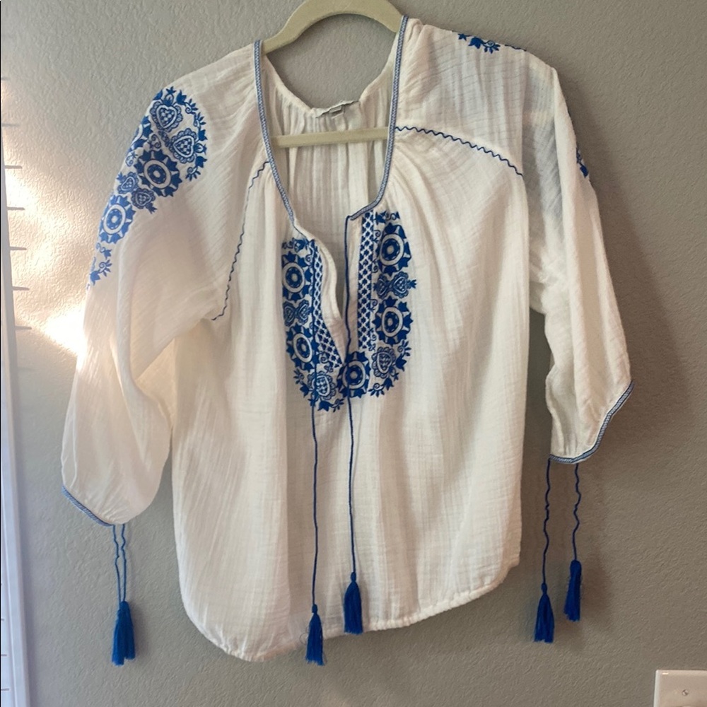 J. Crew White Blouse with Blue Embroidery